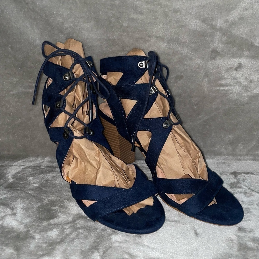 XOXO Bennie Blue Strappy Lace Up Block Heel Shoes Women’s Size 9 Boho
